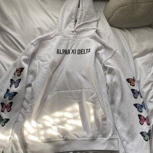 White Alpha Xi Delta Sorority Hoodie w/ Butterly Graphics on Sleeves